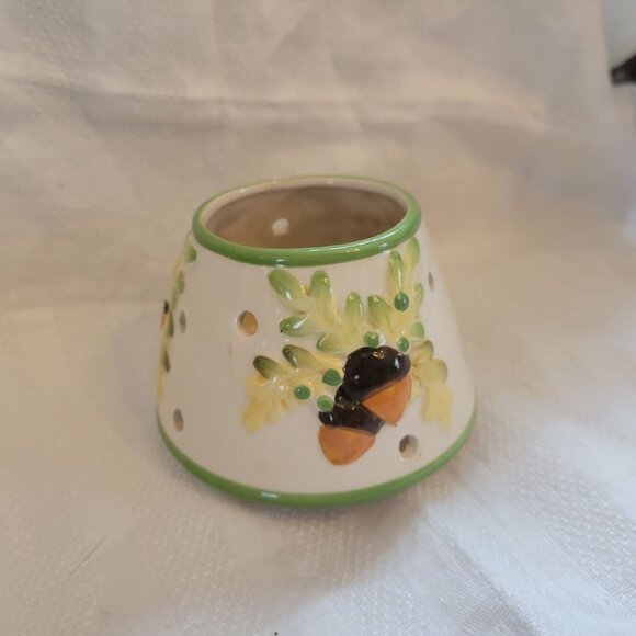 Hand-Painted Ceramic Candle Holder With Acorn & Leaf Design Green Rim 3 Inch Hei - Picture 3 of 7